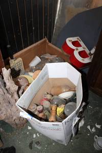 lot 192 image: Boxes of Vintage glass, waffle iron and drift wood