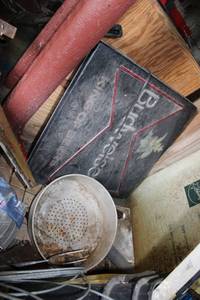 lot 216 image: Popcorn Tin of Tools, Wet Boots, Vintage Bottles, Wheels, Budweiser Sign