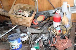 lot 213 image: Metal Texas Sign, Fire Extinguisher, Basket of Antlers
