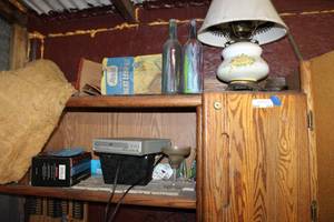 lot 224 image: Vintage Hand Painted Table Light, DVD Player, The Hunger Games Trilogy Books, Craft Stickers