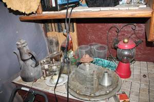 lot 225 image: Glassware, Hurricane Lamps, Ceramic Wild Turkey, Vintage Pitcher