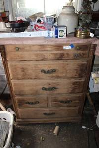 lot 31 image: Dresser 33W x 19D x 45H and top contents vintage items (lot 30 NOT INClUDED)