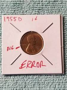 lot 227 image: 1955-D one cent wheat penny - error die - carded
