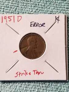 lot 274 image: 1951-D one cent wheat penny with error-strike thru - carded