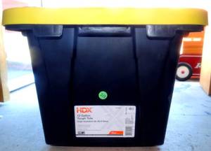 lot 218 image: HDX 12 GALLON TOUGH TOTE FULL OF MISCELLANEOUS SUPPLIES AS SHOWN - TOTE LIKE NEW