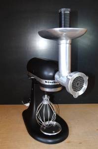 lot 200 image: BIG $ ITEM - KITCHENAID KitchenAid Artisan 5 qt. Tilt-Head Stand Mixer - FLAT BLACK wKitchenAid Metal Food Grinder Attachment- LIMITED USE - LIKE NEW WORKS
