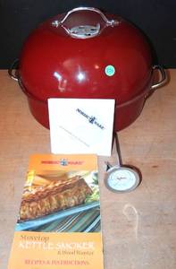 lot 270 image: Nordic Ware Stovetop Kettle Smoker - Red USEDCOMPLETE W TEMPERATURE GUAGE & MANUAL $$