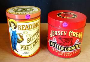 lot 307 image: DECORATIVE COLLECTORS TINS - READING BUTTER PRETZELS & JERSEY CREAM BUTTER COOKIES