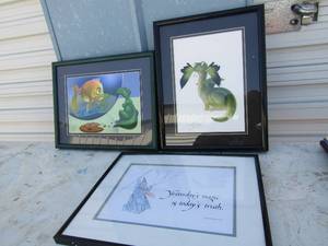 lot 48 image: Art- Fish and Dragon 14x11, L.A. Williams Crunch dragon 14x11, Laurence McAllister Yesterdays Magic is todays truth 14x12