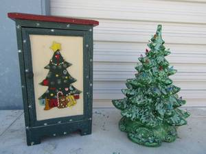 lot 59 image: 15 glass lighted tree, 15x10x6 wooden christmas shelving with tree on front and 2 shelves inside