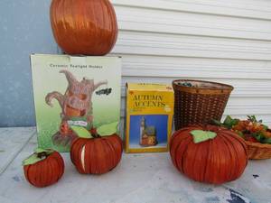 lot 84 image: Pumpkins, fall flower baskets, Trick or tree tea lights, autumn accents harvest house