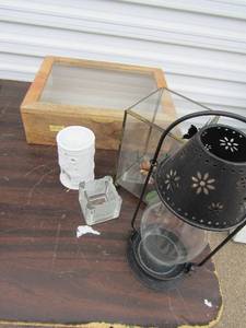 lot 91 image: wooden shadow box with glass top 12x16x18 and clear glass shadow box with tiger lily inside
