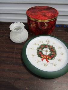 lot 94 image: 14 christmas wall clock, white milk lass light fixture, red christmas tin