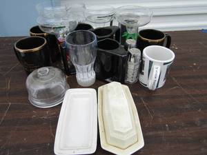 lot 102 image: 2 butter dishes 1 covered, S&P shaker 4 coffee cups and more