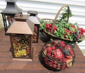 lot 108 image: basket with wax fruit, fall dcor and more