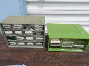lot 111 image: 2 storage bins - one with beads and button one with nuts and bolts