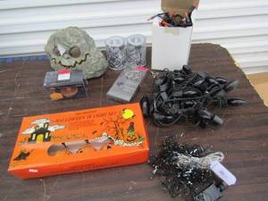 lot 115 image: Halloween lot- pumpkin lights, skull stamp NIB, Black  orange lights electric rock and spider webs