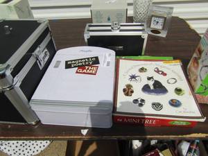 lot 120 image: Seedbed necklace maker, miini tree brad tray magic knitting book, 2 make up cases magnetic poetry  game