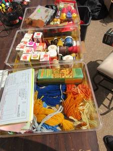 lot 130 image: 3 small totes of sewing, knitting, and paint