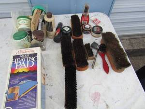 lot 155 image: Sunbeam heating pad in original box and shoe care supplies