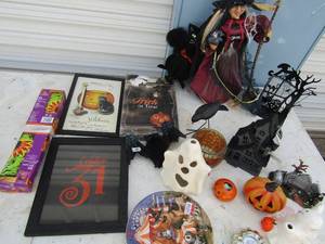 lot 160 image: Halloween lot- 3 pictures 8x10, electric witch, 2 ceramic ghosts and lights