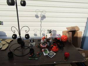 lot 161 image: Halloween lot- 2 foot black jack o lantern tree, pumpkins, bulbs and more