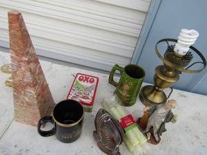 lot 165 image: 12 brass lamp no shade, E14 bursey green mug, armor ceramic shell, Lenox statue judge 7 tall  left  hand brake comes with solid marble tower 13 tall