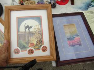 lot 183 image: 2 fall art pieces 8x10, 10x11 maroon frame, 12x12 cherry finish art hanger