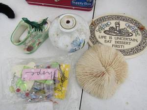 lot 189 image: Biscuit coral- Grandmas porcelain shoe, musical shoe, trinity pottery kitchen plaque