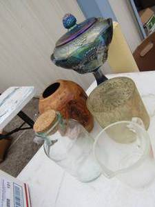lot 192 image: Carnival glass covered candy dish, cork bottle, bread warmer