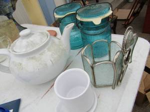 lot 193 image: White tea pot with cup and saucer, 2 blue cannisters with tops Angel tea light