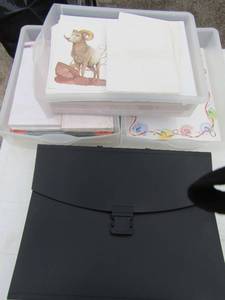 lot 197 image: 3 plastic storage drawers, file folders, thank you cards, letterhead paper