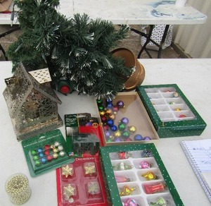 lot 207 image: Two 1 foot christmas trees, mini ornaments NIB x 3 tree hangers mini christmas tree decor