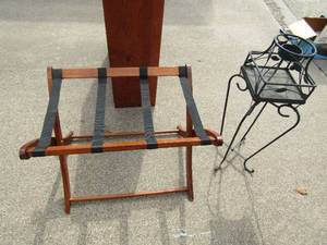 lot 210 image: wooden fold up quilt rack, 2 foot tall candle or plant stand
