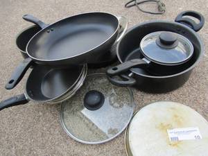 lot 10 image: Pan lot cake pans, sauce pans, skillets etc.