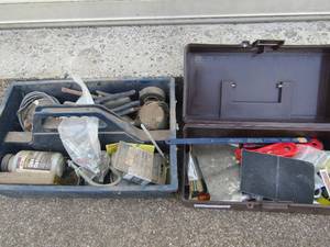 lot 14 image: 2 tool caddies with misc. items saw blade sandpaper plyers screwdrivers