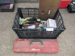 lot 15 image: black crate red toolbox work gloves, jacks, gauges and more
