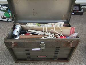 lot 19 image: Craftsman metal tool box 7 drawers lift top Wasco knife, hammer, drivers, drill bits and more