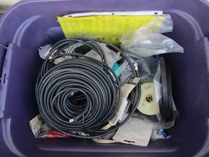 lot 23 image: Purple tub of cable wires speaker wires plus connectors Co-ax some new