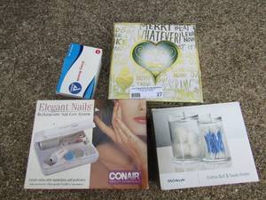 lot 27 image: NEW Pur X Dr. Seuss Grinch make up mirror in box, NEW emery boards, elegant nail dremel in original box
