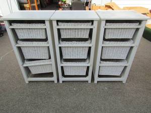 lot 223 image: 3 white wooden shelves  with wicker drawers in each 35x18x15