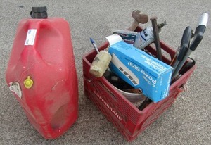 lot 228 image: 5 gallon gas can- hammers, screw drivers, handsaw, mallets and more