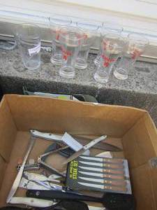 lot 239 image: 6 COORS BEER GLASSES  & BOX OF KITCHEN UNTENSILS                                               
