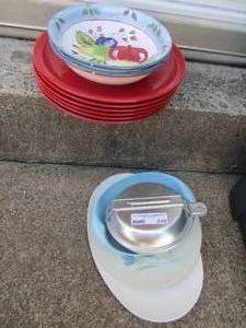 lot 240 image: 6 RED DINNER PLATES, PLASTIC PLATES, 2 SOUP BOWLS, EGG COOKER