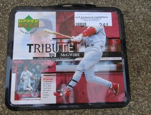 lot 241 image: Upper Deck 1999 Tribute to Mark McGwire Tin Lunch Box &  SEVERAL BASEBALL CARDS