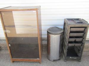 lot 247 image: 2 TIER STEREO CABINET 42X23X17   KITCHEN TRASH CAN,   4 DRAWER BLACK ROLLING CART 32 X 13 X 14