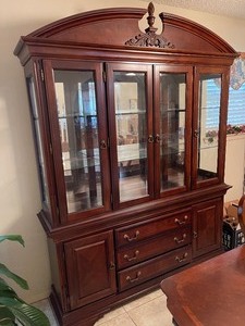 lot 5 image: CHERRY WOOD HUTCH  (2 PCS)  TOP - 3 GLASS DOORS  Two glass shelves   BASE  2 cabinets 3 drawers  TOTAL SIZE 92 X 66 X 65 Hutch matches #2