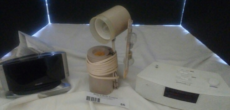 lot 86 image: Desk lamp and alarm clocks