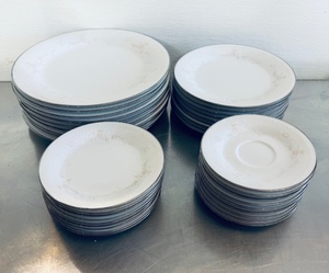 lot 13 image: Noritake China 36 pc. Temptation #2752 Platinum Rimmed Dinner, Salad & Saucer Plates