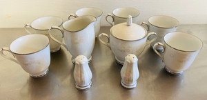 lot 15 image: 6 Noritake TeaCoffee Cups, Creamer, Sugar Bowls &amp Salt &amp Pepper Shakers